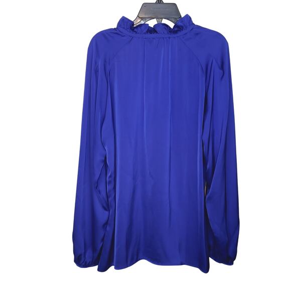 NEW Ming Wang Top Ruffled Tie Keyhole Neck Crepe De Chine Blouse Deep Sky Sz S - Picture 9 of 15